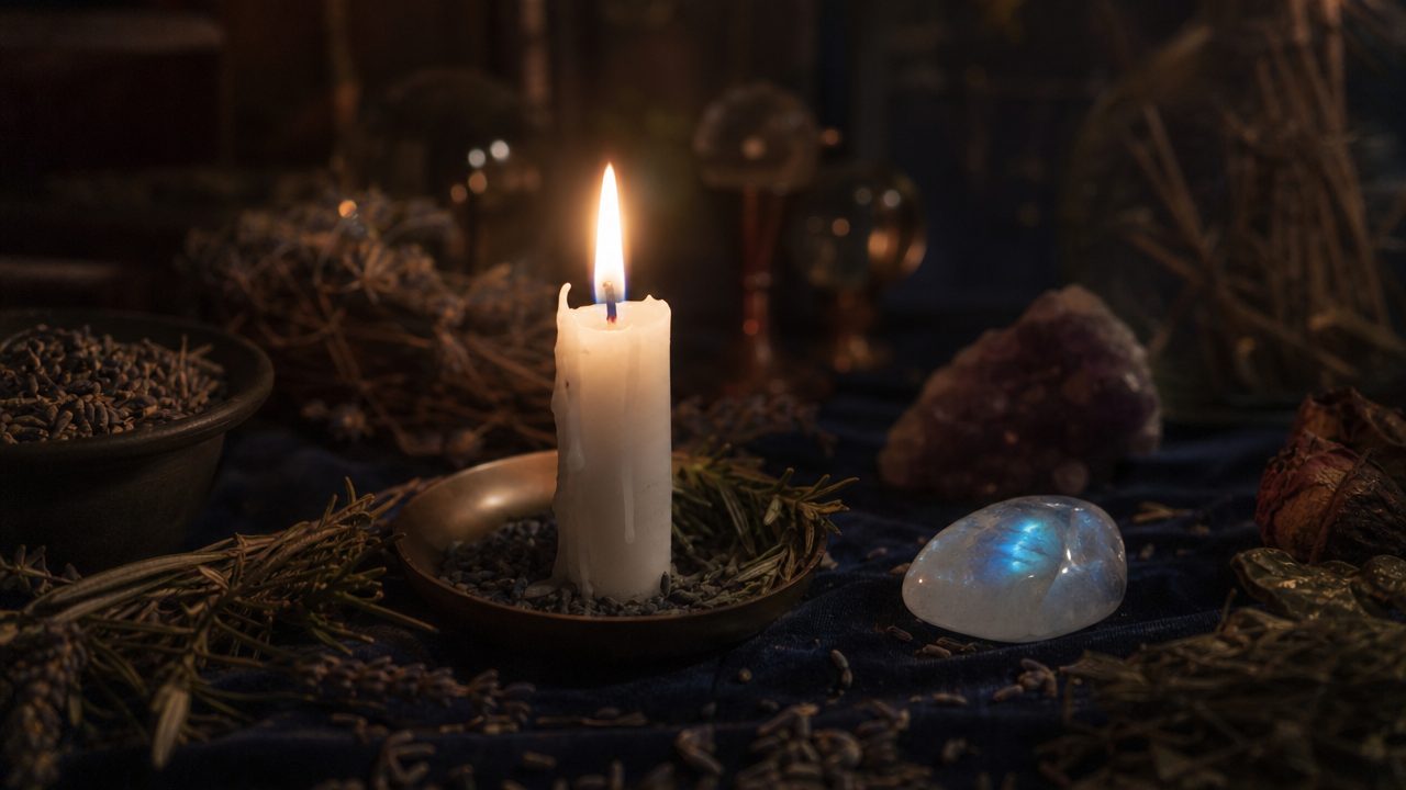 Candle, herbs, and crystals on an altar